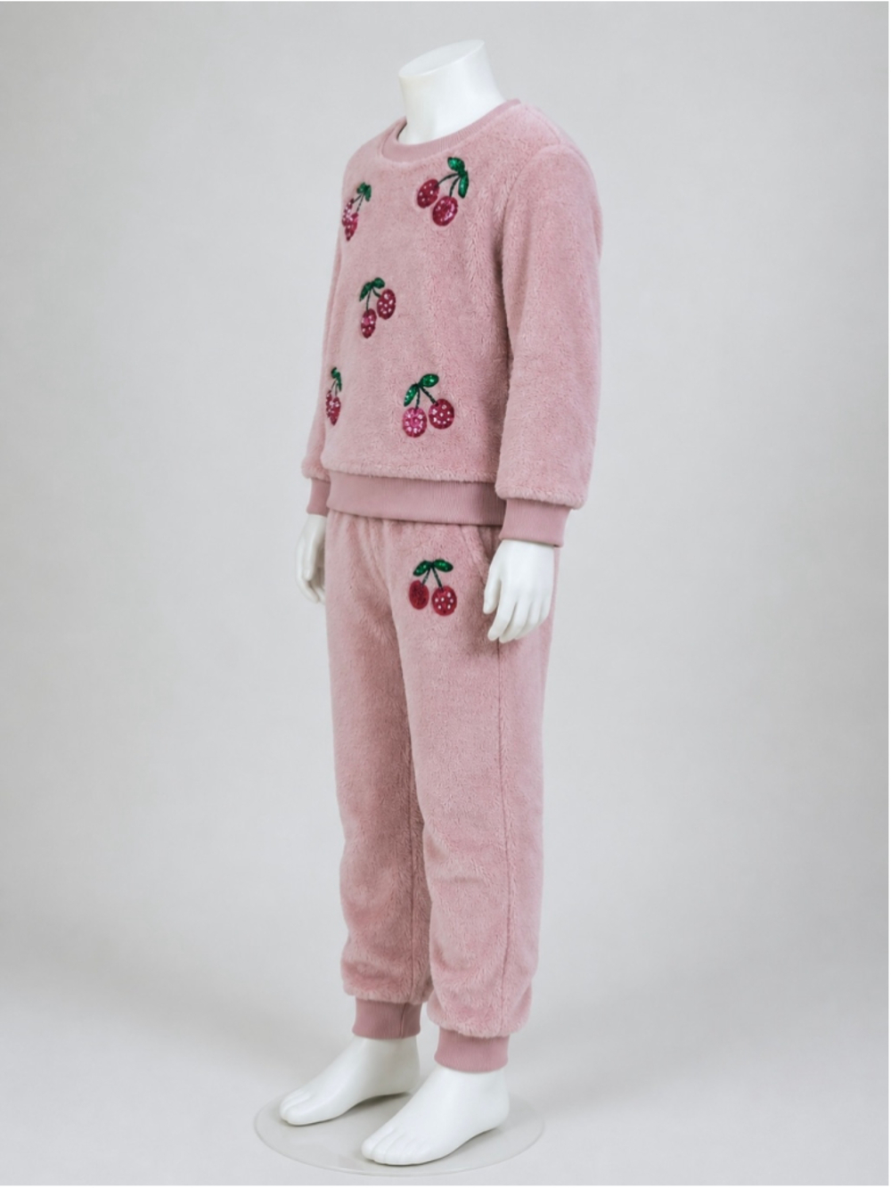 Derek Heart Girls Pink Cherry Sequin Sherpa Fleece Sweatshirt & Jogger Set - Picture 6 of 12